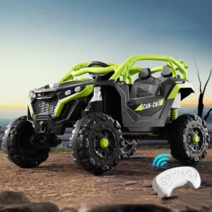 Masina Electrica pentru Copii, SOH, Tip Buggy/UTV Off-Road Dual Drive, Conectare Bluetooth, Telecomanda, Lumina Intermitenta si Muzica, Baterie 380*2, 6V 7Ah, 97 x 62 x 58 cm, Verde Negru