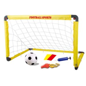 Set Poarta de Fotbal pentru Copii, SOH, 80x120 cm, Minge, Cartonase, Pompa, Fluier, Interactiv, Distractiv, Galben