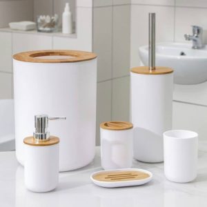 Set Elegant pentru baie format din 6 piese, ABS + lemn, culoare alb/maro